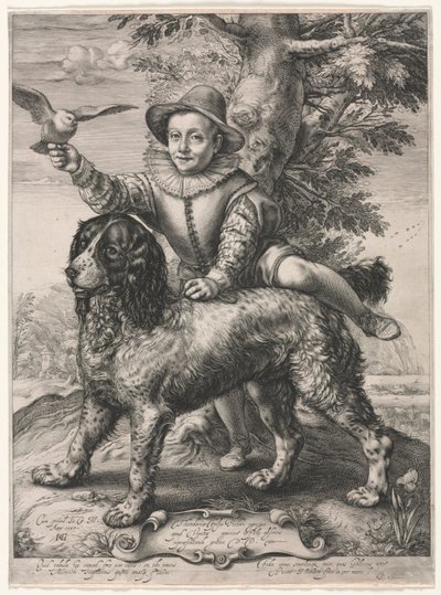 Portret van Frederick de Vries en zijn hond, 1597 door Hendrik Goltzius