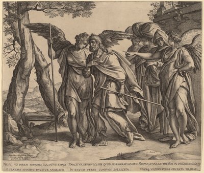 Lot en zijn dochters verlaten Sodom door Hendrik Goltzius after Anthonie van Blocklandt