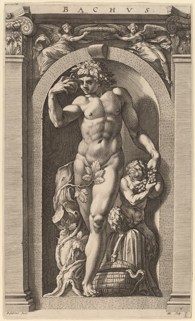 Bacchus door Hendrik Goltzius after Polidoro da Caravaggio