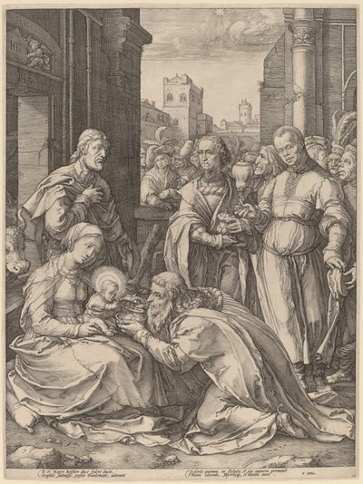 De aanbidding der wijzen door Hendrik Goltzius in the style of Lucas van Leyden