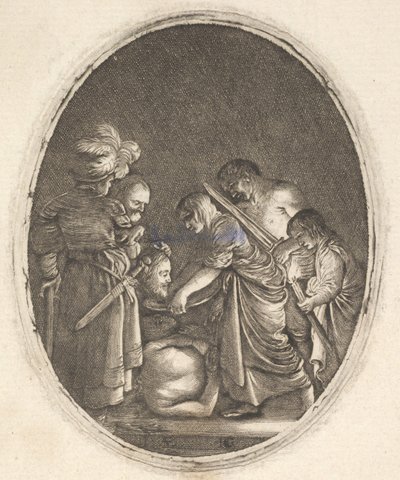 Salome ontvangt het hoofd van Johannes de Doper, omringd door drie mannen en een kind..., ca. 1610 door Hendrik Goudt