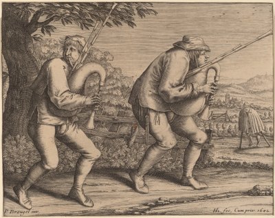 Twee doedelzakspelers door Hendrik Hondius I after Pieter Bruegel the Elder