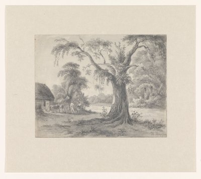 Landschap met een boom en hut met paard en wagen en twee figuren door Hendrik Huygens (signed by artist)