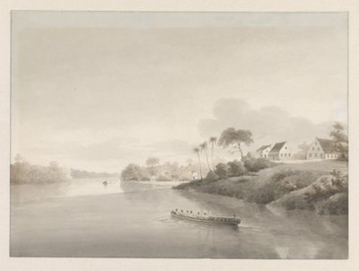 Gezicht op een aantal huizen aan een rivier, mogelijk de Jodensavanne door Hendrik Huygens