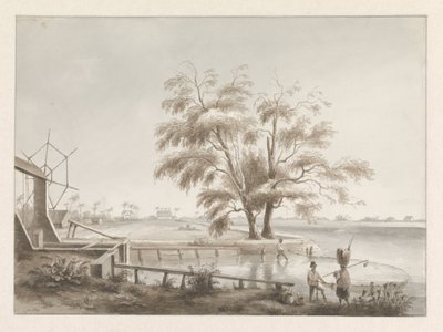 Gezicht op een plantage met links een sluis door Hendrik Huygens