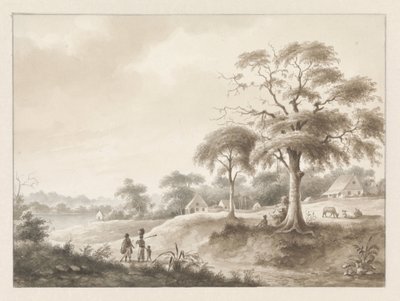 Huizen bij een rivier door Hendrik Huygens