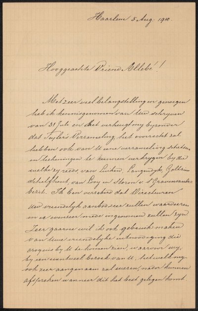 Brief aan August Allebé door Hendrik Jacobus Scholten