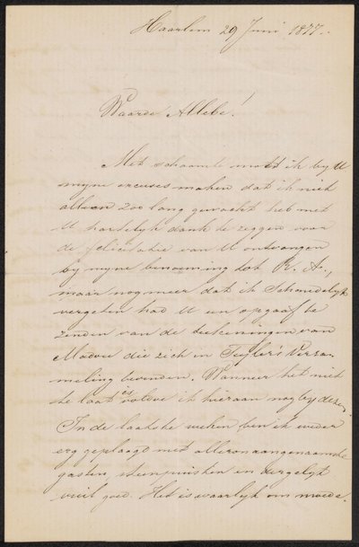 Brief aan August Allebé door Hendrik Jacobus Scholten