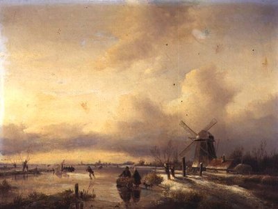 Figuren in een Bevroren Rivierlandschap door Hendrik Jacobus Scholten