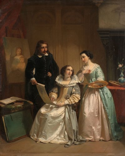 Gerard van Honthorst toont de tekeningen van zijn leerling Louise van Bohemen aan Amalia van Solms door Hendrik Jacobus Scholten