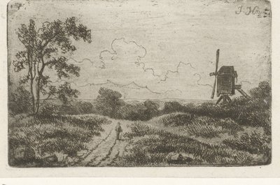 Figuur op een weg bij een molen door Hendrik Jan Hein