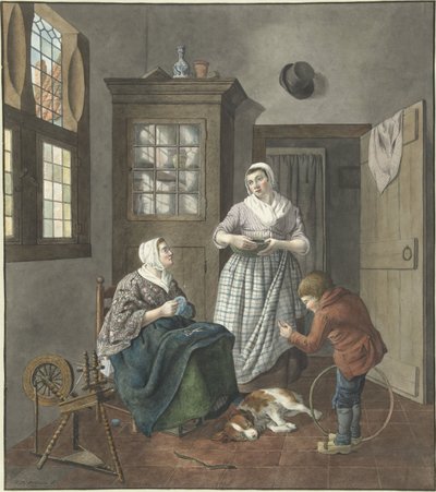 Interieur met naaiende vrouw, dienstmeid en spelende jongen door Hendrik Jan van Amerom