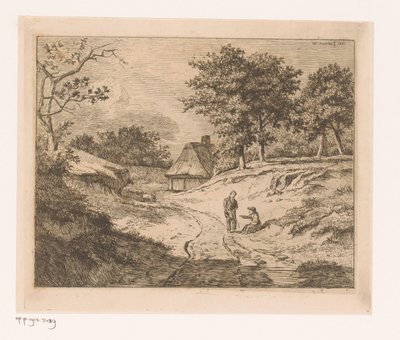 Landschap met persoon die een ander de weg wijst door Hendrik Jozef Franciscus van der Poorten