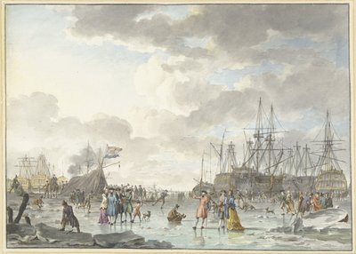 IJsvermaak op een bevroren rivier met schepen door Hendrik Kobell