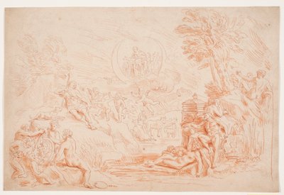 Landschap met Allegorische Figuren door Hendrik Krock
