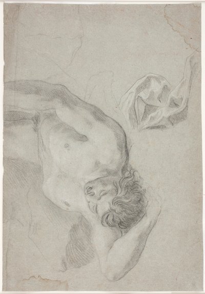 Mannelijke modelstudie, liggend op de rug, kniestuk en draperiestudie door Hendrik Krock