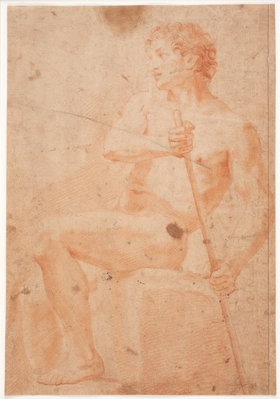 Mannelijk modelstudie, zittend met staf door Hendrik Krock