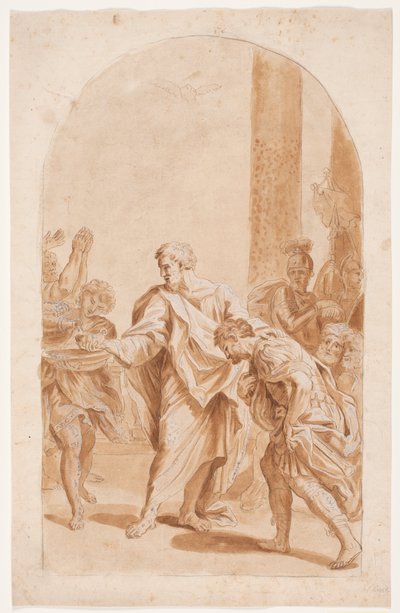S. Peter doopt Centurion Cornelius. (Apostelgesch. 10, 47-48) door Hendrik Krock