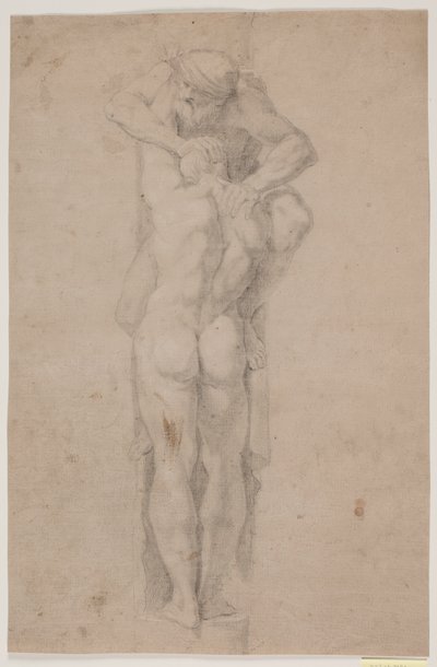 Staande mannelijke figuur, vastgehouden door bebaarde man door Hendrik Krock