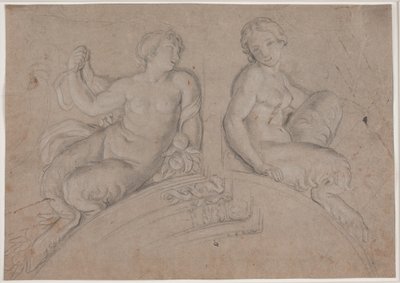 Twee vrouwelijke satyrfiguren (faunen) op een segmentboog door Hendrik Krock