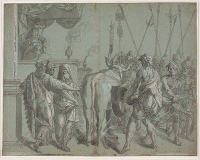 De tiran Phalarus van Agrigent sluit de beeldhouwer Parillus op in de door hem gemaakte, gloeiende bronzen stier door Hendrik Krock