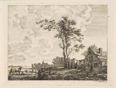 Landschap met huis aan een rivier door Hendrik Marcus Schouten