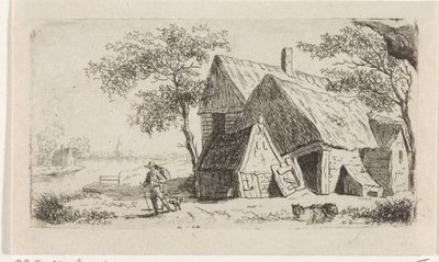 Man met hond bij een boerderij aan het water door Hendrik Marcus Schouten