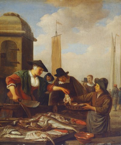Een viskraam bij een haven door Hendrik Martensz Sorgh