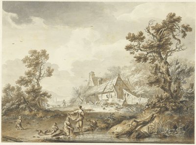 Boerderij met op de voorgrond wassende vrouwen door Hendrik Meijer