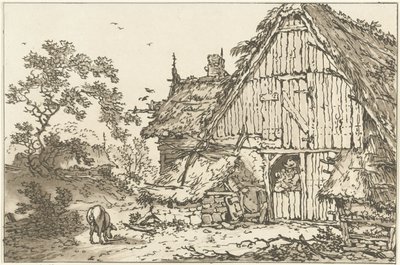 Boerderij met twee mensen in de deuropening Twelve designs Calculated for the Use of those who are Learning to Draw Landscape (series title) door Hendrik Meijer