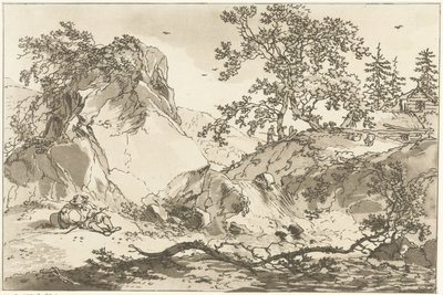Heuvelachtig landschap met een rustende man door Hendrik Meijer