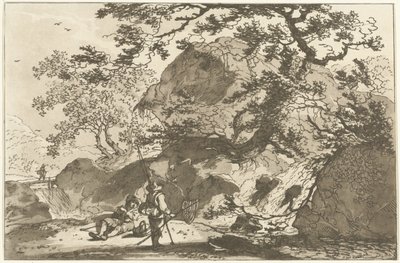 Landschap met een visser en een rustende man door Hendrik Meijer