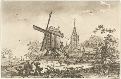 Landschap met een windmolen en een kerk (Twelve designs Calculated for the Use of those who are Learning to Draw Landscape) door Hendrik Meijer