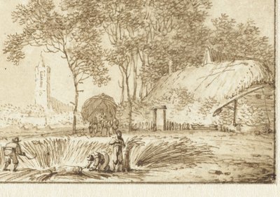 Maaiers bij een boerenhoeve door Hendrik Meijer