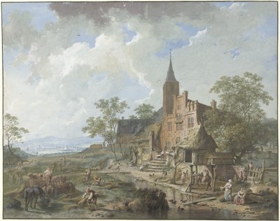 Oogst bij een dorp in een heuvelig landschap door Hendrik Meijer