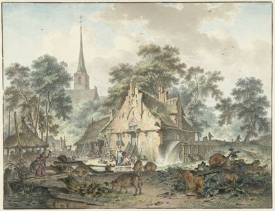Watermolen en dorpskerk door Hendrik Meijer
