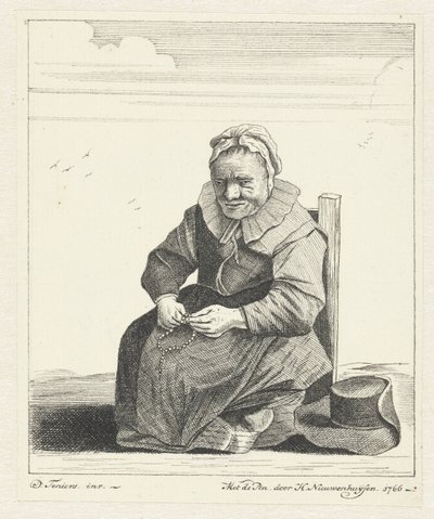 Zittende oude vrouw met rozenkrans door Hendrik Nieuwenhuysen