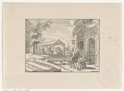 Figuren aan het werk in een textielwerkplaats door Hendrik Numan