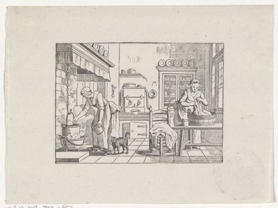 Keukeninterieur met twee vrouwen aan het werk door Hendrik Numan