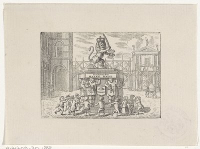Kinderen dansend in een kring om een monument van de Zeven Provinciën door Hendrik Numan