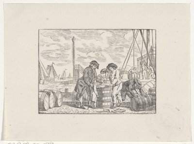 Mannen op een kade met tonnen vis aan het werk door Hendrik Numan