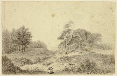 Huisje op de heuvel door Hendrik Pieter Koekkoek