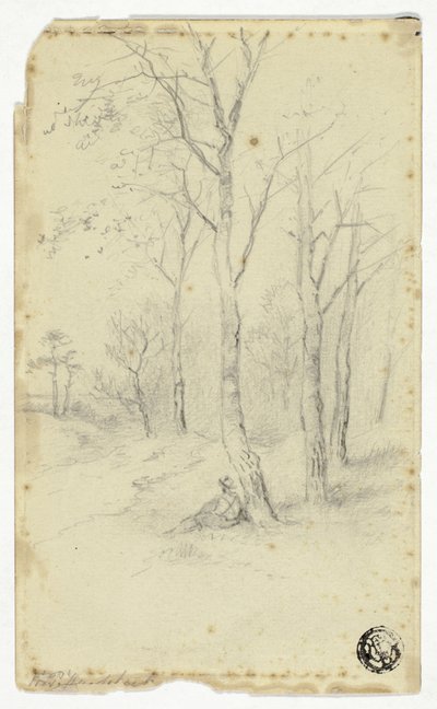 Man zittend onder bomen door Hendrik Pieter Koekkoek
