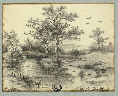 Bomen bij vijver door Hendrik Pieter Koekkoek