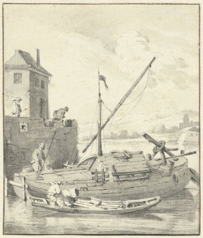 Schuit bij een stadsmuur door Hendrik Rietschoof