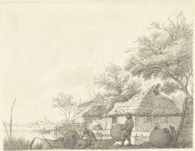 Twee vissers met korven bij een vaart door Hendrik Schwegman