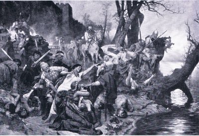Krijgers van Sviatoslav bij het bloedbad onder de muren van Drster, illustratie uit Landmarks in European History door Henryk Siemiradzki