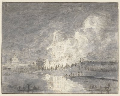 Brand in een molen aan de Muiderdijk, ca. 1710 door Hendrik Spilman