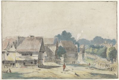 Gezicht in een dorp met huizen met vakwerk door Hendrik Spilman