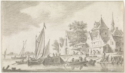 Gezicht op een dorp aan een rivier door Hendrik Spilman
